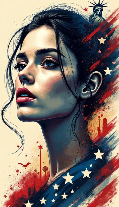 "Design a bold and dynamic artistic portrait inspired by the cultural and historical essence of the United States. The woman’s face should merge seamlessly with modern graphic design elements and iconic American symbols, creating a visually striking and co...