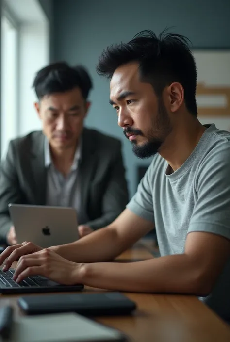 IT Manager who is name Nickson busy on his laptop wearing hush puppy colar t-shirt with his angry chinese boss 