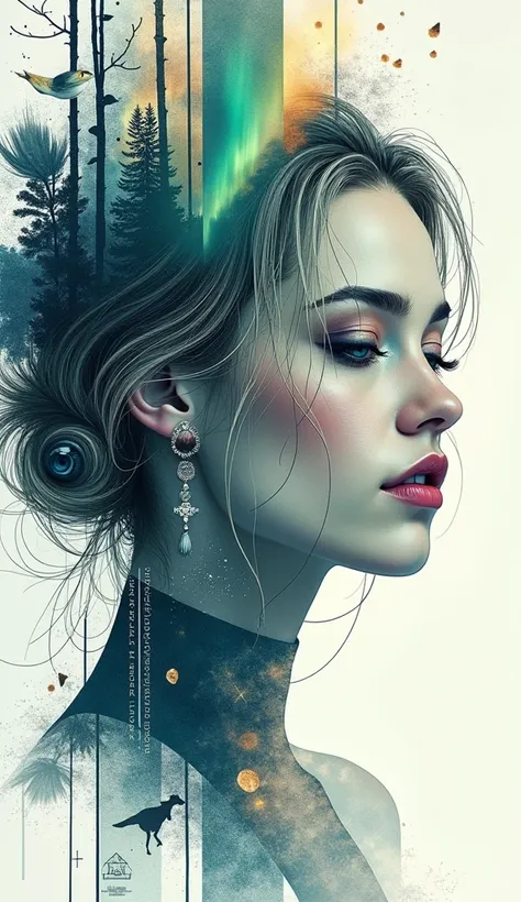 "Create a mesmerizing and dynamic artistic portrait inspired by the serene beauty and cultural essence of Finland, blending modern graphic design with natural and traditional Finnish elements. The woman’s face should merge harmoniously with abstract shapes...