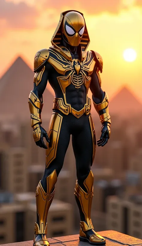 Spider-Man in a gleaming gold and black metallic suit inspired by the Egyptian flag, with a cobra emblem on the chest and hieroglyphic patterns etched into the armor, sitting on a rooftop near the pyramids as the sunset reflects off his shining costume. Ul...