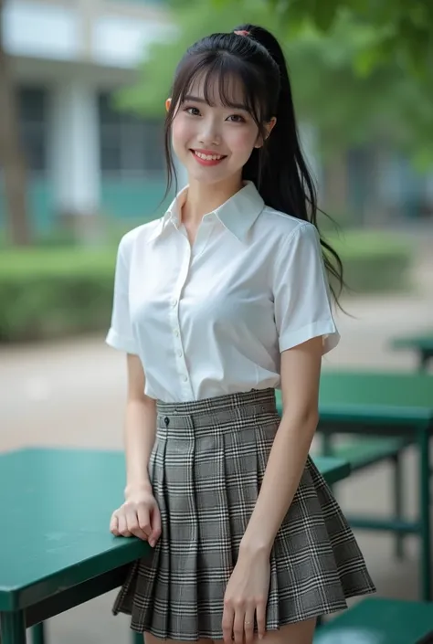 A beautiful 20-year-old Thai girl wearing a school uniform, standing near a green metal table, wearing a white blouse (with big breasts), a plaid skirt pulled up high, and black shoes. She has long black hair tied in a ponytail and is looking directly at t...