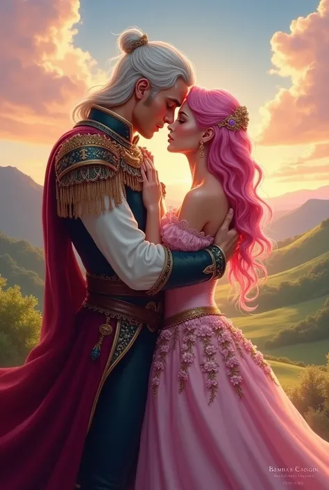 Western romance fantasy, men and women, noble, princess,  handsome,  love love, Pink haired woman, Silver-haired man, cover, Illustration