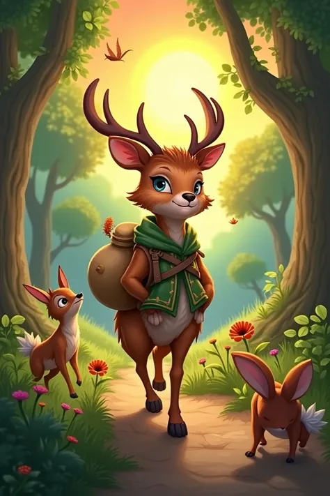  The Cancil walks on the forest path with a bag of magic seeds hanging on his memory.  The sky is orange due to sunset ,  and some forest animals such as birds and rabbits play hands  (or feet )  in the direction of Kancil .