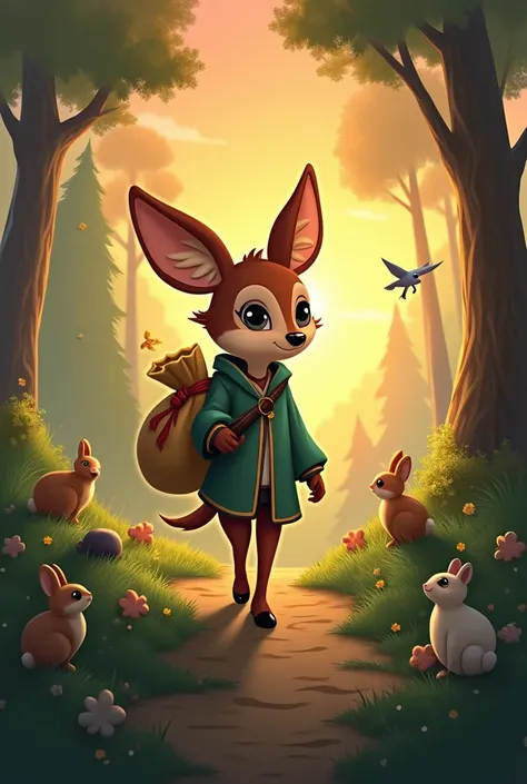  The Cancil walks on the forest path with a bag of magic seeds hanging on his memory.  The sky is orange due to sunset ,  and some forest animals such as birds and rabbits play hands  (or feet )  in the direction of Kancil .