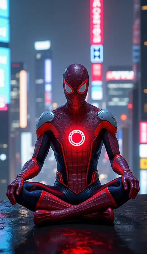 Spider-Man wearing a shiny metallic red and white suit with a circular red emblem inspired by the Japanese flag, the reflective surface of his suit glowing under neon city lights, sitting cross-legged on a rooftop in Tokyo. Ultra-detailed textures, 3D rend...