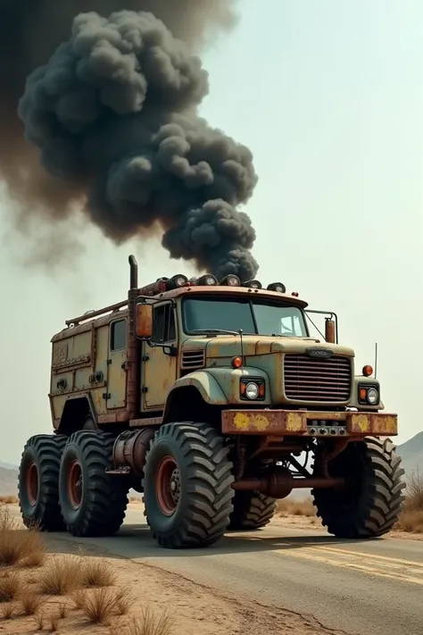 A picture of an Afash 500 standing on the side of the road, spewing black smoke out.