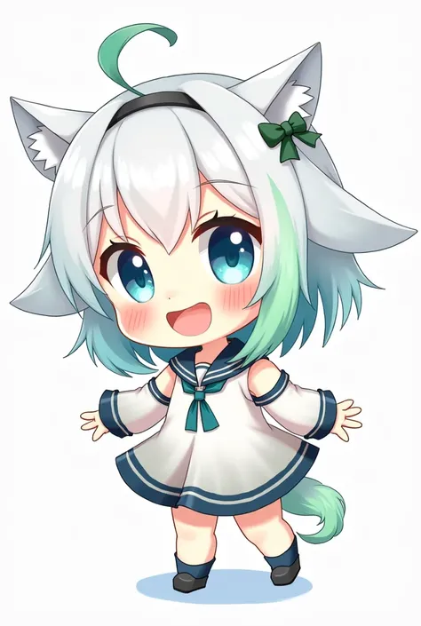 Make a chibi anime art, Green streak of hair , White hair on Down Hair clip on the Back , Bangs, Blue Eyes, Cute, Smiling, , Ribbon, Transparent Background, Blue eyes, Headband, Close up half body