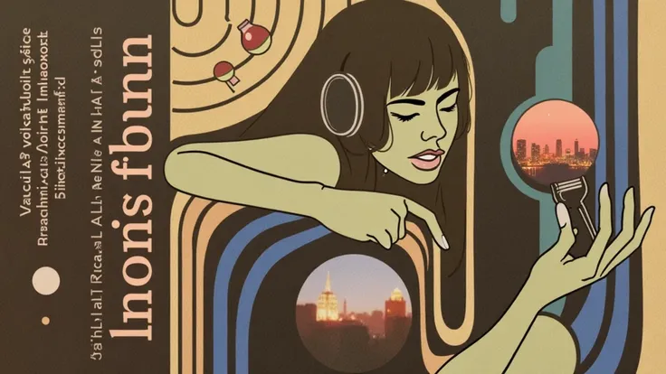 A retro-style illustration inspired by surrealism, featuring a beautiful female R&B singer with eyes closed with headphones and a relaxed expression, singing into a studio retro microphone. She has soft long brown hair, slightly disheveled wavy hair that f...