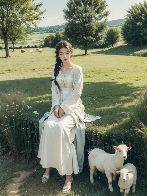 (((best quality))),(((ultra detailed))),(((masterpiece))),illustration, 1girl,shepherdess, young, gentle gaze, simple long skirt, braided hair,Angels descend to the world, harmony, serene, nature, 1 white sheep, pastoral, grazing, playful, farmer, elderly,...