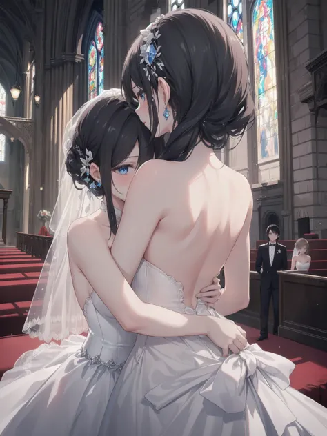 ((masterpiece)), (Textured Skin), (( high detail )),  Best Quality ,  award-winning , 8K,  ，church，Wedding Dress。 strapless，Back， Two Beautiful Girls ， hug，Black Hair, Long hair straighteners and hair accessories,  blue eyes，Crystal Earrings