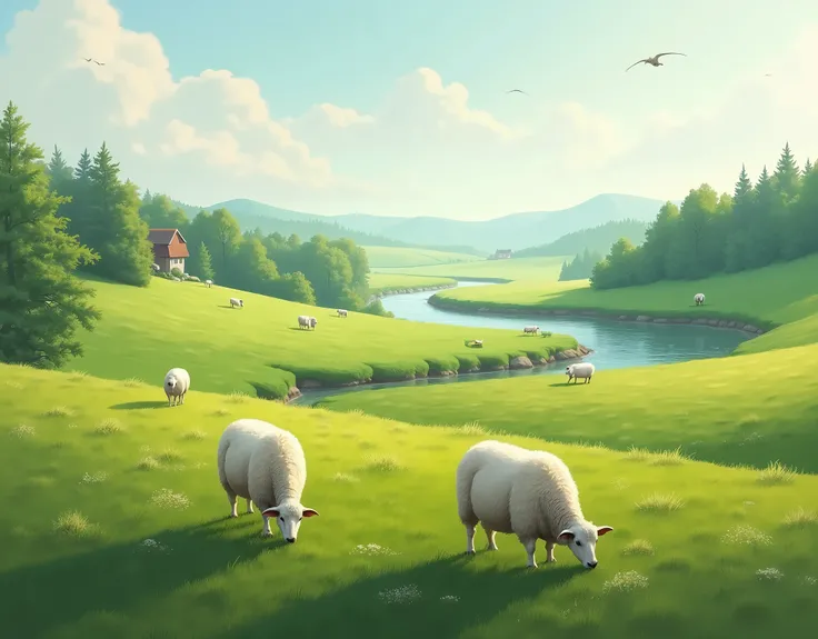 Peaceful rural landscape, Vast green meadows spread out, with sheep and cows grazing slowly, A stream flows in the distance and a quiet forest stands beside it, 