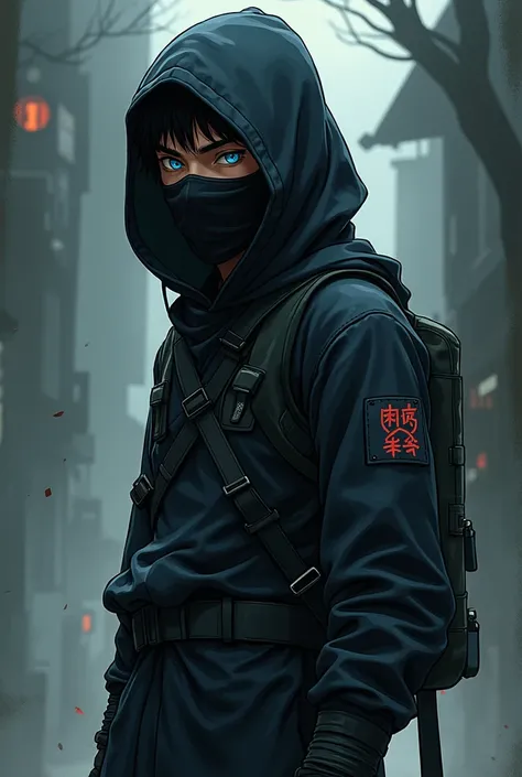 Create a 15-year-old black male character , around 1,65,  ray powers with a scar on her eye ,  and an eye of each color  ( Heterochromia)  that wears a Ninja Tactical outfit , Black, with a hood and mask ,  I do the same as the Manhawa drawing style
