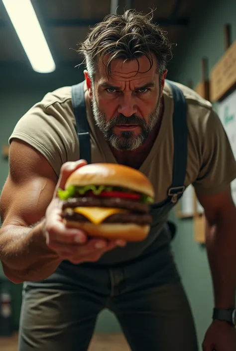 Rude man aged 30 with burger in his one hand looking rudely down down shot angle 