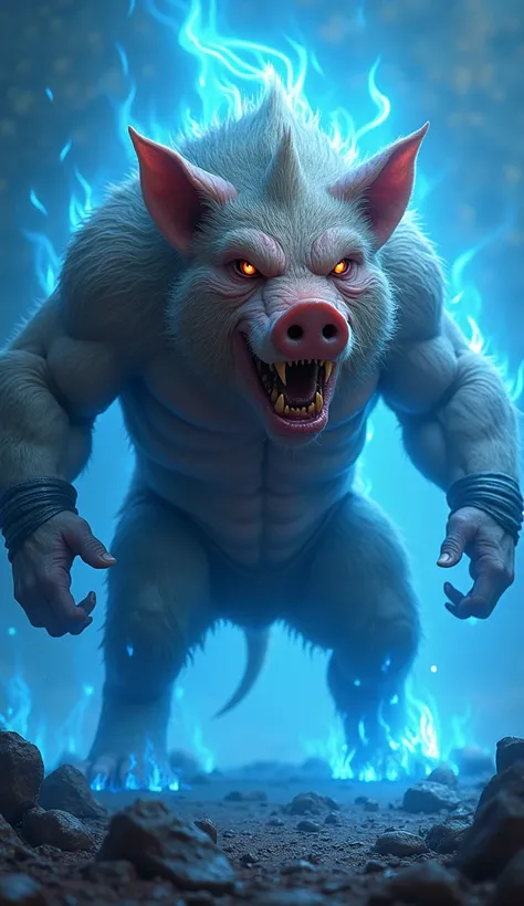 combines the characteristics A pig with dog, angry, like human, surrounded by blue flames, masterpiece, high resolution, Detailed Description, art, fantasy setting, 8k, UHD, masterpiece, detailed.