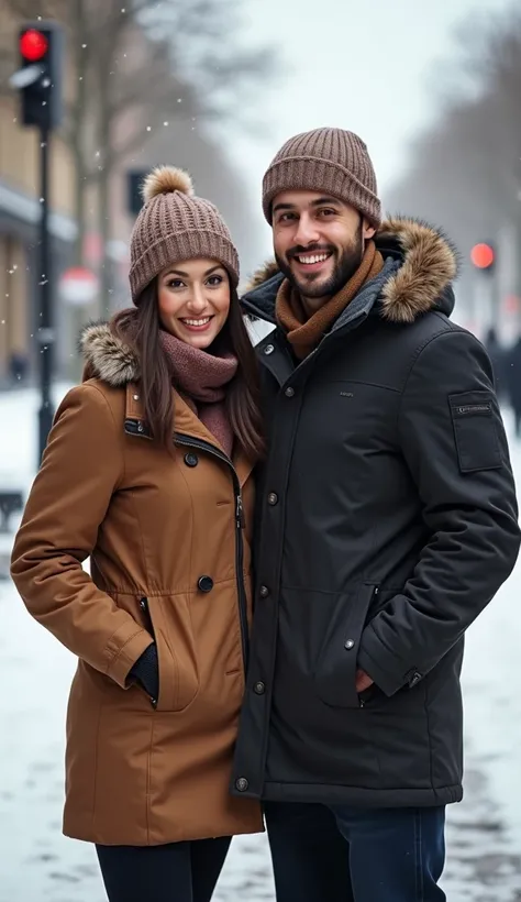 Gabrielle Alexa A cheerful romantic couple of a 28 young man and a beautiful hijab woman, elegant pose together in matching winter jackets, the man wears a knitted hat, They stand close together, showing affection, with the woman smiling and the cool man c...