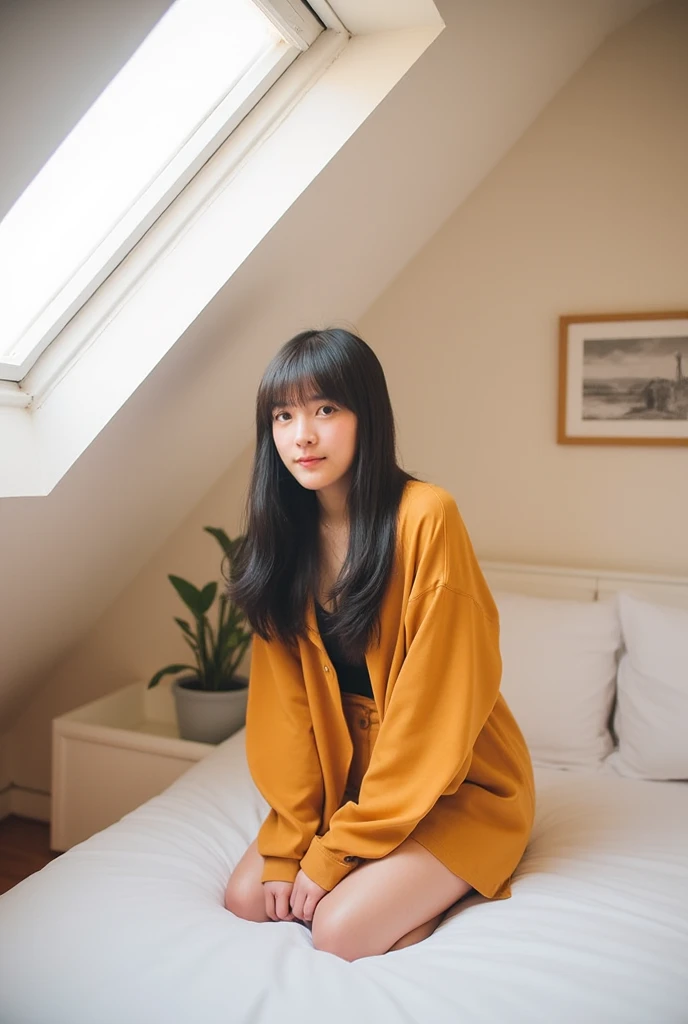 Capture a cinematic and intimate indoor scene featuring a young woman kneeling on a white bed in a softly lit attic room. She is dressed in a mustard-colored loose blouse that contrasts with her black lingerie. Her long, slightly wavy dark hair cascades na...