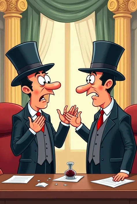 Draw a cartoon of a diplomat in a top hat looking at his dirty palms. 
In front of him stands another diplomat in a top hat who extends his hand to shake. 
In the background: a conference hall.
