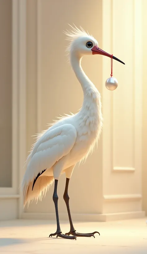 A white crane (a little white pearl clenched in a beak) full length, 3d pixar cartoon