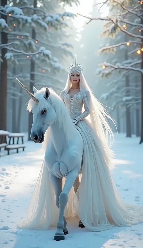 Снежная королева  ❄️корона из-за льда и снега, white hair straight long  , snow-white snow dress , long train , chic quality aesthetic ,white long lashes ,frost white , white vapor white transparent haze , rides a unicorn through a fabulous magic forest,hi...