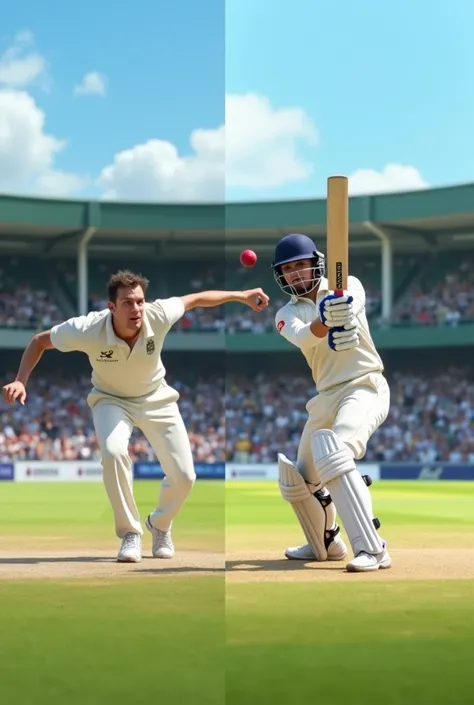 "A dynamic side-by-side scene in a cricket stadium showcasing a thrilling comparison between a batsman and a bowler. On the left, a bowler mid-action, dressed in a white cricket uniform, leans forward with intense focus, arm stretched back, ready to delive...