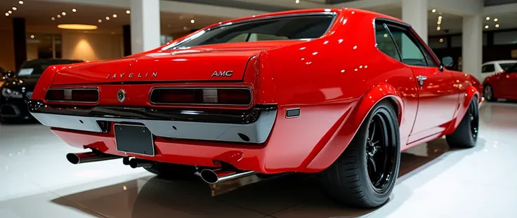 Close back view of painted RED  with shiny clour 1970 AMC javelin sleek in large shape sedan in large size with AMC  logo on its large detailed grille in shiny white clour with angular sporty design captured from close back view with modified sleek backlig...