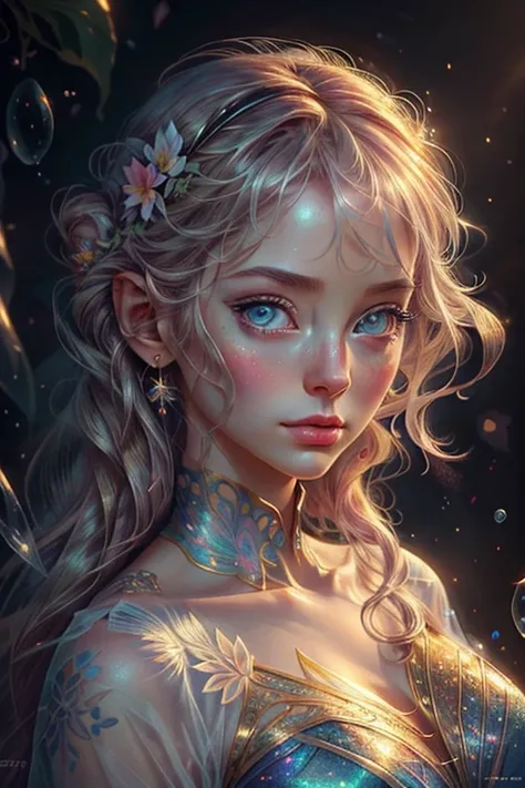 ((masterpiece)). This artwork is dreamy and ethereal, with soft pink watercolor hues. Generate a delicate fairy exploring a bubblegum world with a wide variety of pastel shades. Her sweet face is extremely detailed and realistic with elegant, and looks lik...