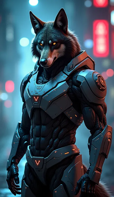 Prompt:
"Depiction of a muscular, powerful hybrid wolf seamlessly fused with a high-tech, futuristic suit of advanced armor, blending organic and mechanical features. The wolf’s form is strong, with defined muscles and sharp features, while the armor is sl...