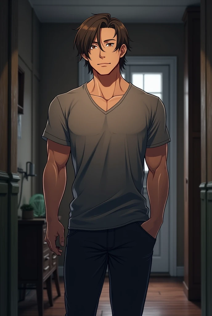  Anime character with big but not exaggerated body,  handsome and masculine face with a light expression, casual clothes and dark house setting , And with a mature appearance