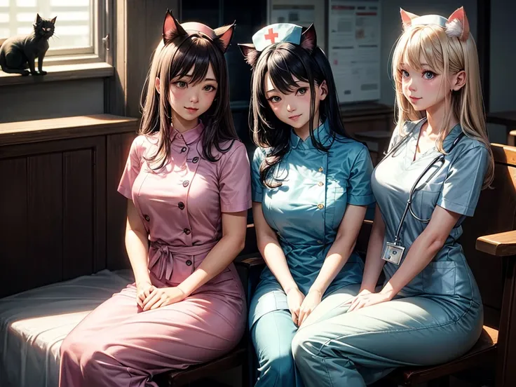 realistic、first-class、3women、Cat ears、nurse&#39;s cap ,Protruding Tongue ,(( heart-shaped pupils )), Orgasm ,Pink Sequin Bikini , Black PVC gloves  、 Big boobs、hug,  looking at the observer 