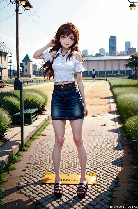 young woman, smiling, standing posed on rice field, building on background, (+swept-side bang, black hair, long hair, layered hair, brown streaked hair, brown ombre, two colored hair), wearing white short sleeves collared shirt (+ mini cold shoulder sleeve...