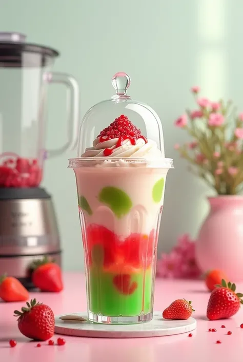 Falooda with dome lid juice cup.ice cream scoop on the falooda and red topping on it.
Red jelly pices and green jelly pices in the falooda.commercial blender jar behind the background.light background