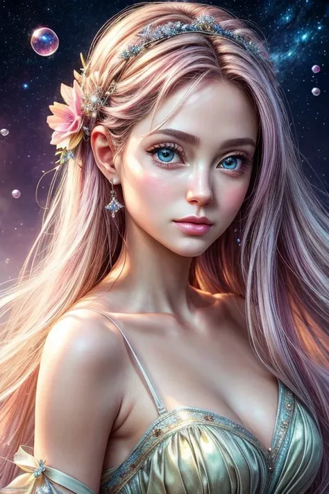 ((masterpiece)). This artwork is dreamy and ethereal, with soft pink watercolor hues. Generate a delicate fairy exploring a bubblegum world with a wide variety of pastel shades. Her sweet face is extremely detailed and realistic with elegant, and looks lik...