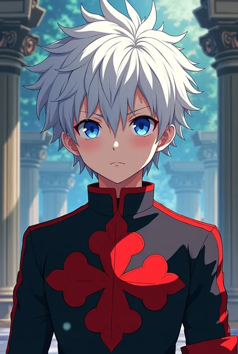 Create an image of a white-haired, blue-eyed boy wearing the clover of crimson lions from Black Clover