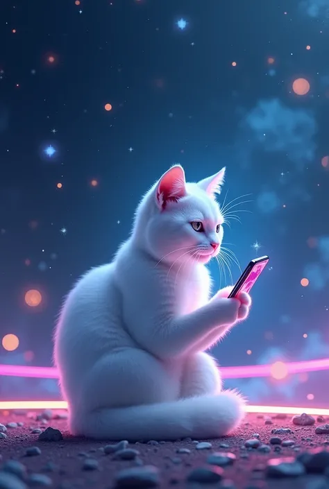 I white cat using i phone in the universe with neon light