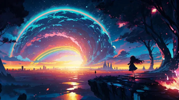 Anime girl standing in a big city and watching the rainbow sky,City of the near future、 makoto shinkai cyril rolando,  Anime Art Wallpaper 4K,  Anime Art Wallpaper 4K, anime art wallpaper 8k,  inspired by Cyril Rolando ,  Earthbound 2  ,  amazing wallpaper...