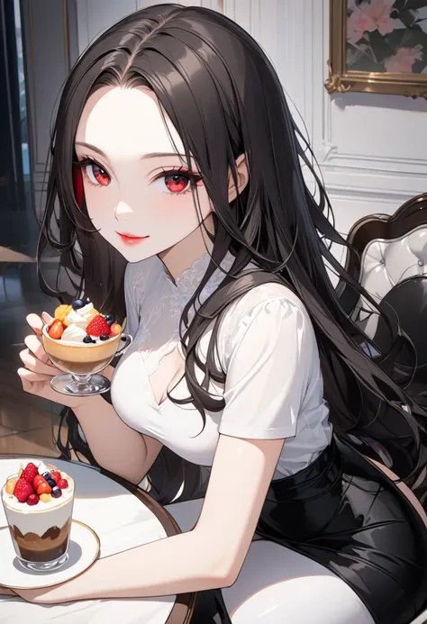 (delicate and beautiful), (immensely beautiful perfect illustration), (focus face, pov), (perfect parted center revealing her entire forehead) (delicate hime cut) (vivid black delicate long hair), (best cool girl) (age 18), (best cool red eyes), (love smil...