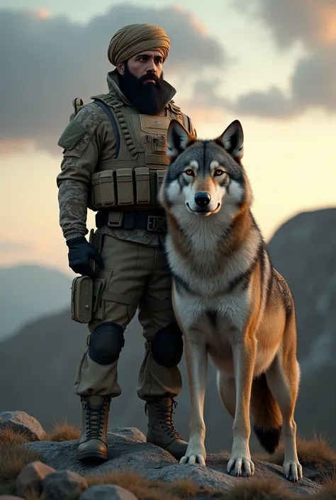 "A soldier in full modern military gear, including camouflage armor, tactical vest, and combat boots, standing resolutely next to a majestic wolf. The soldier wears a light brown turban wrapped elegantly around his head, blending cultural heritage with his...