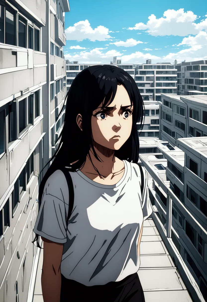 Anime adult girl with long black hair white t-shirt walking to her window, tired, massy hair, serious, futuristic neighbourhood, blue sky, indoors, second floor 