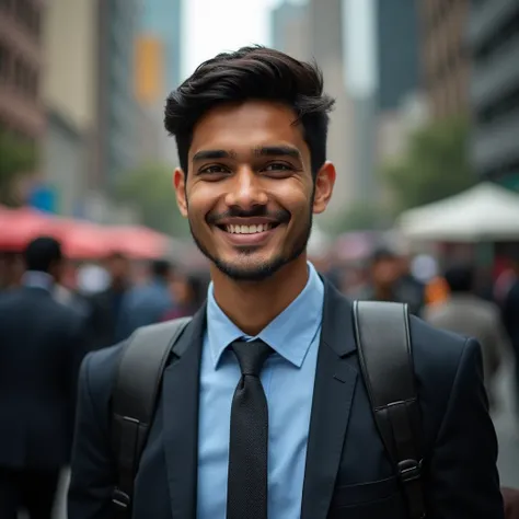 Focused porarait of a urban commuter man, realistic indian young man , working professional, formal dressing, smiling, realistic, dslr