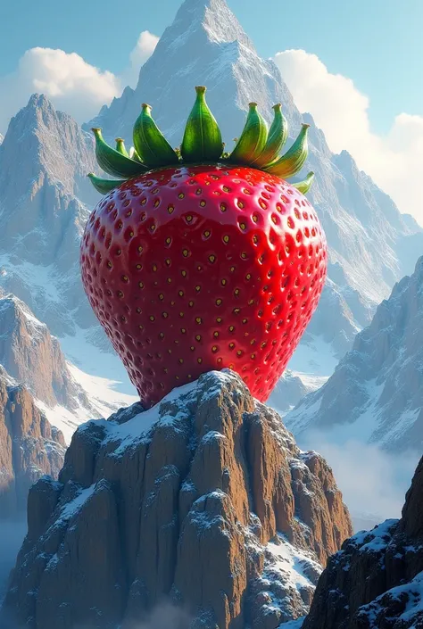 A giant strawberry lies on the mountain