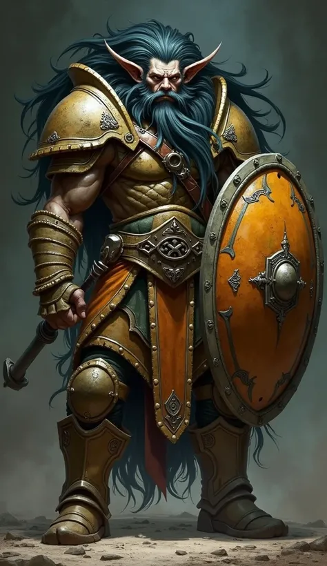 create a character in the dungeons and dragons style, he is a drow with voluminous long hair resembling a lions mane, his haircut and has long, long ears, his appearance is robust, he is so strong, he has a large cut in the eye area due to the war , he is ...