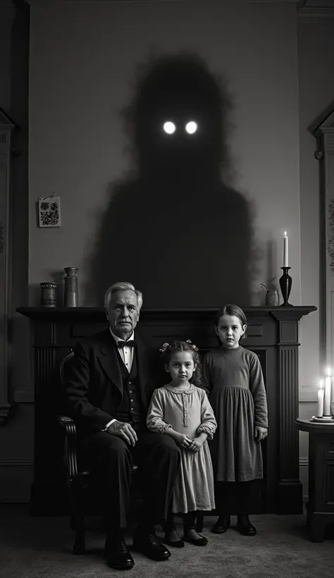  The family in the living room with dark shade on the wall : " In the living room of a modest 19th century house ,  poses a family of four in black and white .  The father is sitting by the fireplace , the mother standing ,  and the young ren close to them...