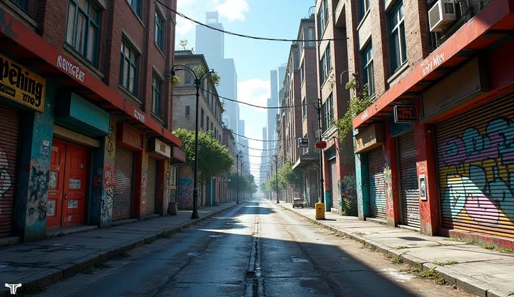 gangsta street, cityscape background multiple views, urban city streets, graffiti walls, low angle shot, bright day light, streets background, empty streets, no humans. high details, unreal engine render, high quality background,@snstool