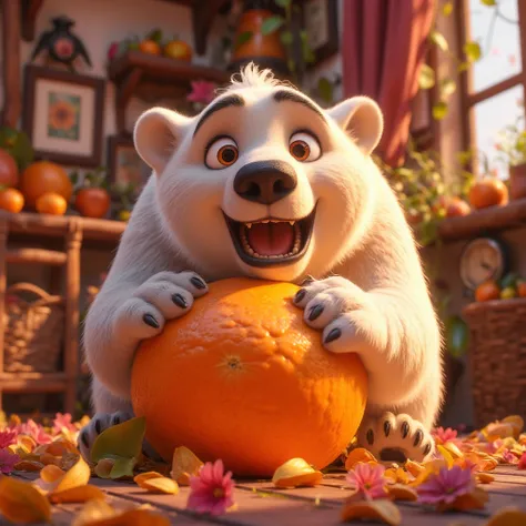 cute polar bear cub,  hugging a big orange or tangerine with a gentle and contented expression.  The fruit is partially peeled , the peel lies around .  The bear looks joyful ,  and the composition is made in a bright and fabulous style ,  creating a feeli...