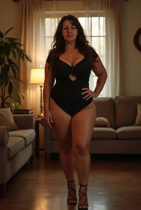 Woman over 55 years old white with long brown hair size L with big breasts, thick legs in high-heeled sandals and naked in the living room of the house in front of the camera. 