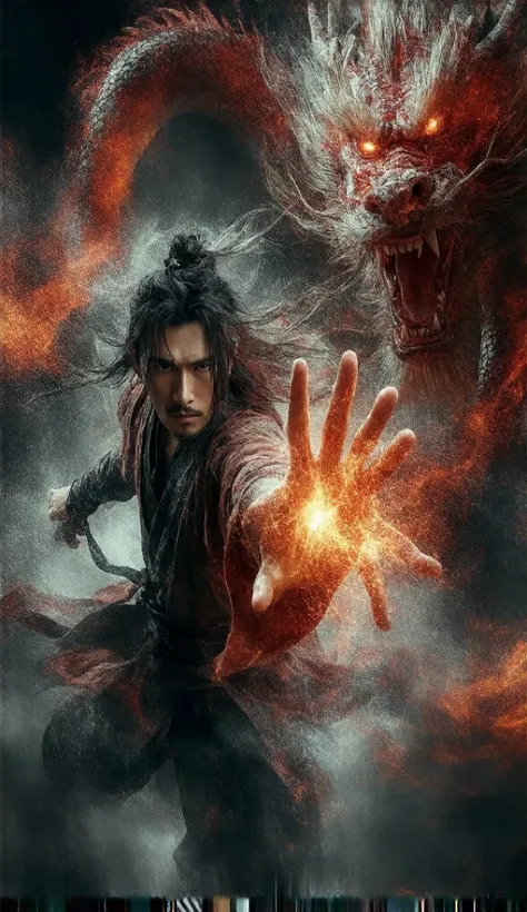 Create hiper realistic,birds eyes view, ultra wide angle,a young Chinese man in Old torn traditional clothing, strength-face, unleashes his hidden power fight His right spread glowing palm grows to an enormous size, point to camera smashing everything in h...