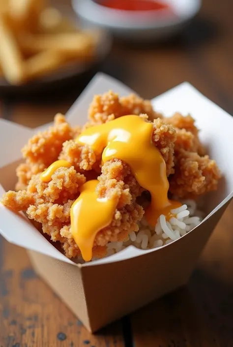 crispy chicken with cheese sauce and  wrapped rice in mini box