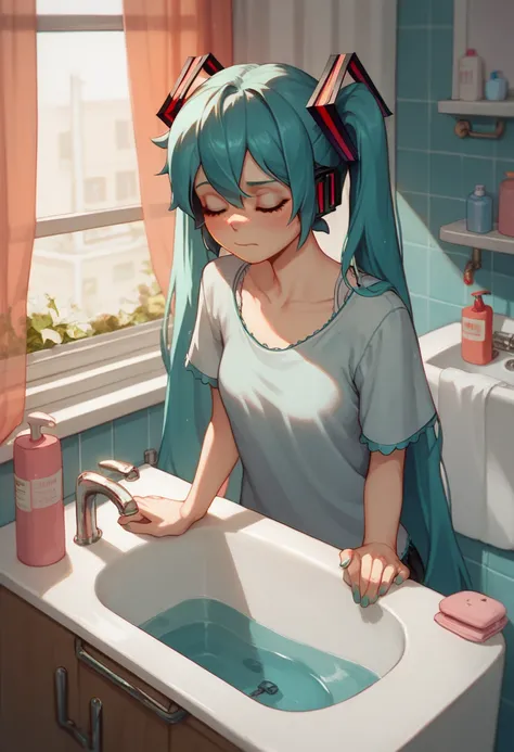 hatsune miku, bathroom, 1 curtain, mesy hair, sleepy, pyjamas, 1 girl, 1 sink,