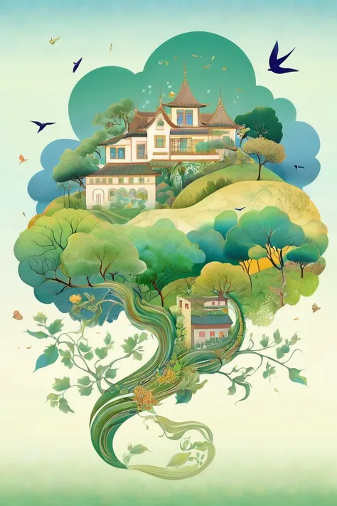 Digital Illustration Art, (Whimsical illustration of a ***********s head adorned with a lot of houses, trees, roots, swallows) with green trees and hills in the background, flanking, evoking the charm of a charming countryside landscape. The background ble...