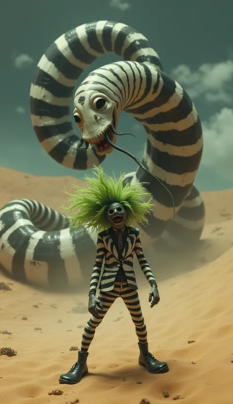 Beetlejuice standing confidently in a surreal desert, surrounded by a massive sandworm with black-and-white stripes. The sand dunes are rippling and distorted, with strange, alien-like patterns across the landscape. Beetlejuice, wearing his iconic striped ...